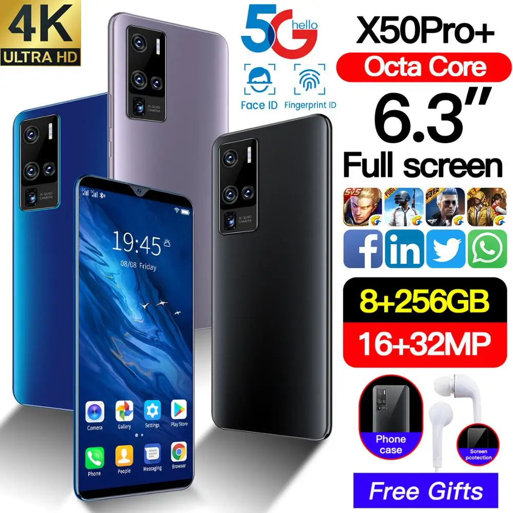 

2021 Global Version Smartphones 6.3inch X50Pro+ 8GB 256G Android 10.0 Mobile Phone Tipo-c 32MP 4800mAh 4G 5G Fingerprint Unlock