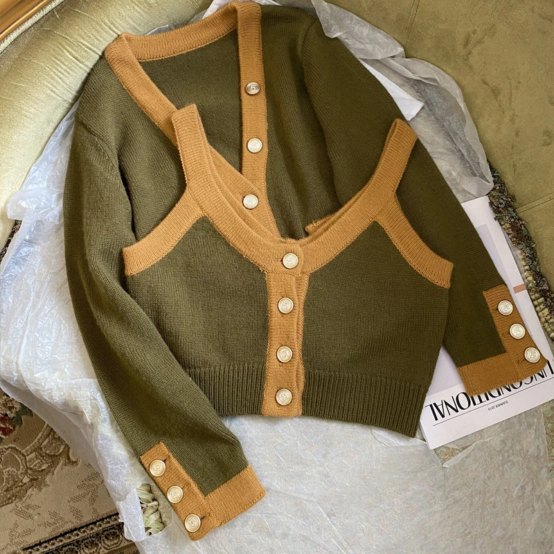 

Striped Contrast Color Fashion Sling Long-Sleeved V-Neck Knitted Cardigan Women Fall Winter Korean Brand Fashion Women Clothing