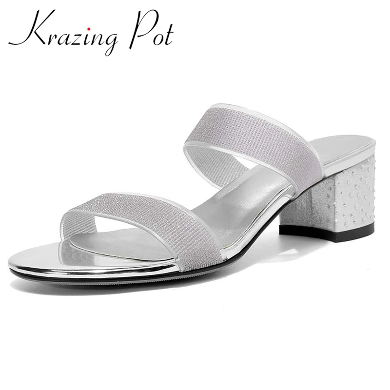 

Krazing Pot round toe high heels Princess style fairly Korean girl sweet bling maiden young lady mules slip on women sandals L01