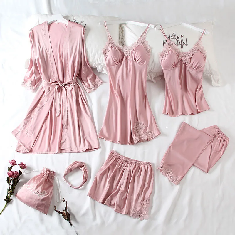 Новинка 7 шт. одежда для сна розовый вечерний комплект с платьем атласное