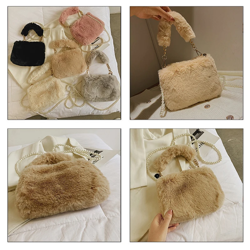 Small Plush Tote Bags For Women 2022 Winter Soft Fluffy Messenger Bag Furry Luxury Designer Handbag Pearl Chain Fur Shoulder Bag
