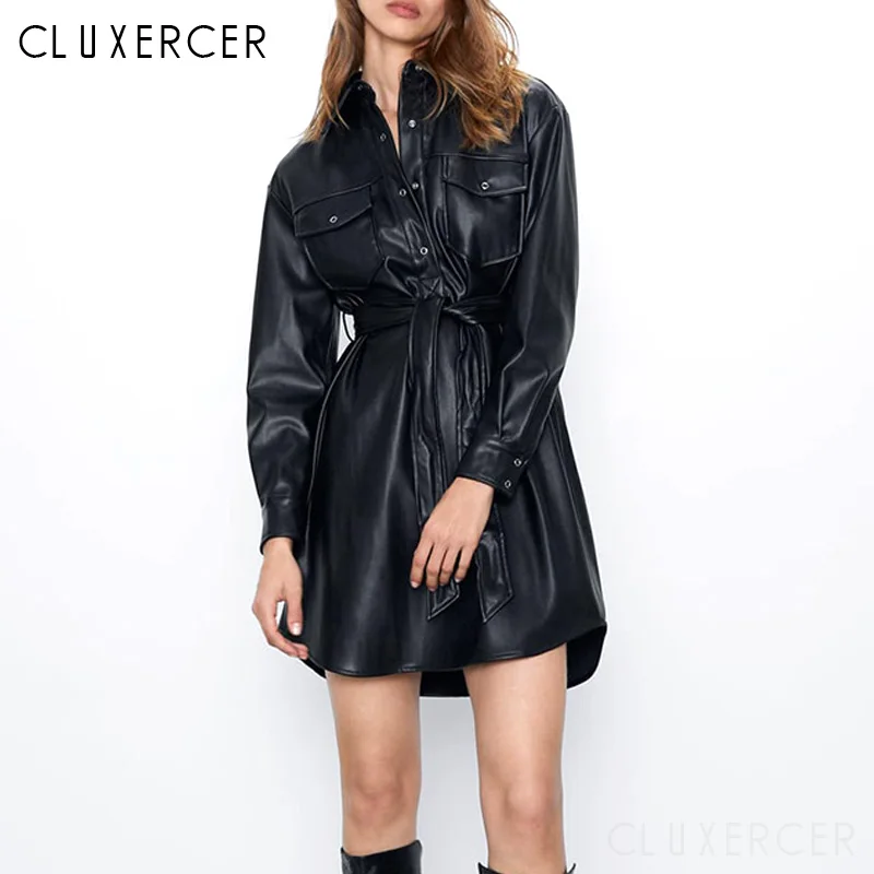 Женское Короткое платье из искусственной кожи однотонное теплое рубашка с