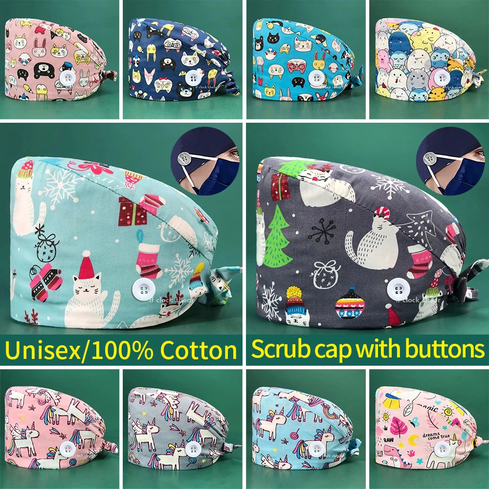 

Medical Surgical Scrubs Caps for Women&men Cartoon Printed Pet Clinic Nurse Scrubs Caps Adjustable Tooth Beauty Doctor Work Hats