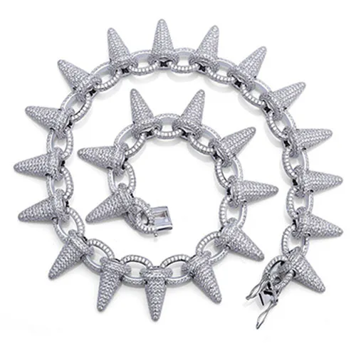 silver 28 мм Роскошная Мода Рок Iced Out заклепочные шипы ожерелье с манжетами цепь Bling Циркон хип хоп золотые серебряные ювелирные изделия подарки для мужчин - Metal Color: silver