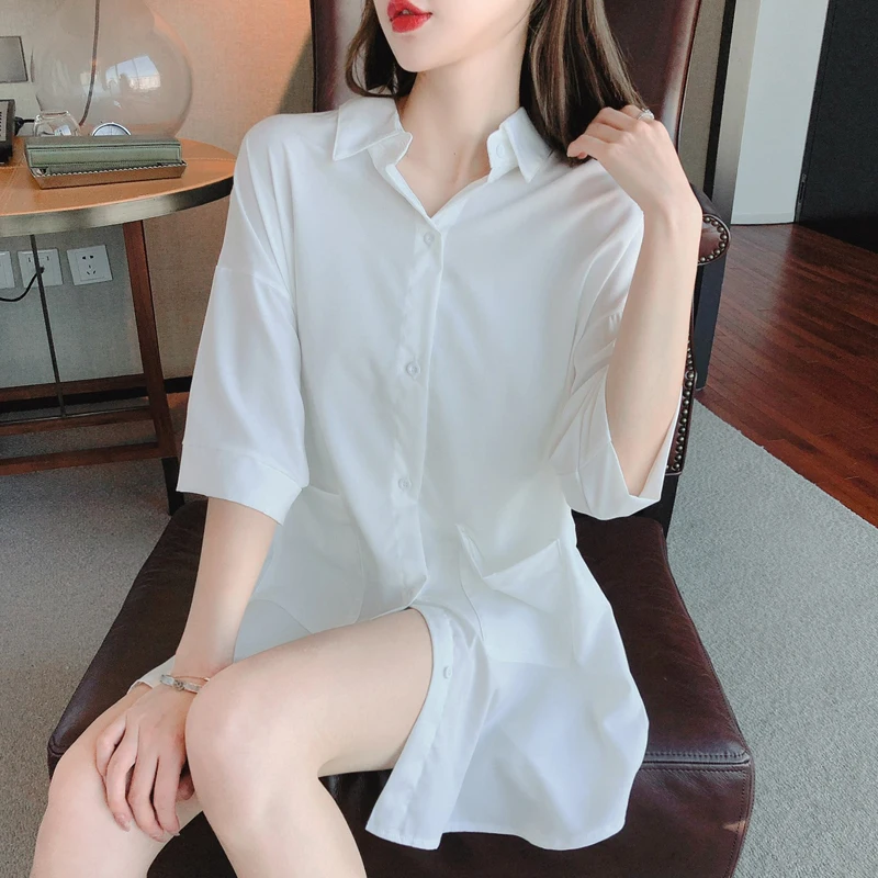 

Summer Women White Nightdress Sleepwear Turn-Down Collar Sexy Chiffon Casual Fashionable Pajamas Half Sleeves Nightgown
