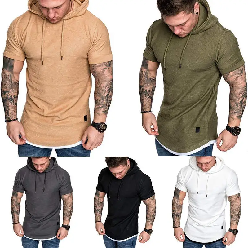 

Hooded T Shirt Joggers Men Summer Solid Color Streetwear Top Short Sleeve Casual Slim Fit Sport Tees