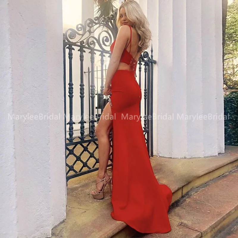 

Sexy Two Pieces Evening Dress Spaghetti Straps Red Satin Prom Gowns Mermaid Robe De Soiree Sexy High Slit Formal Occasion Dress