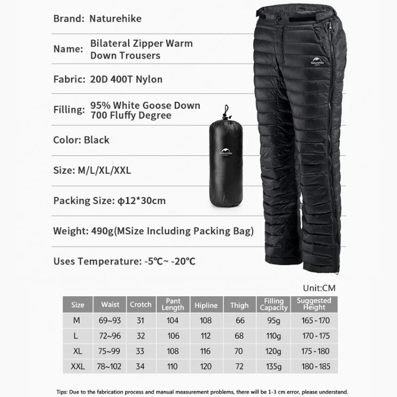 Naturehike теплые брюки для зимы 5 ~ 20 ℃ с гусиным пухом двойная молния мужские и