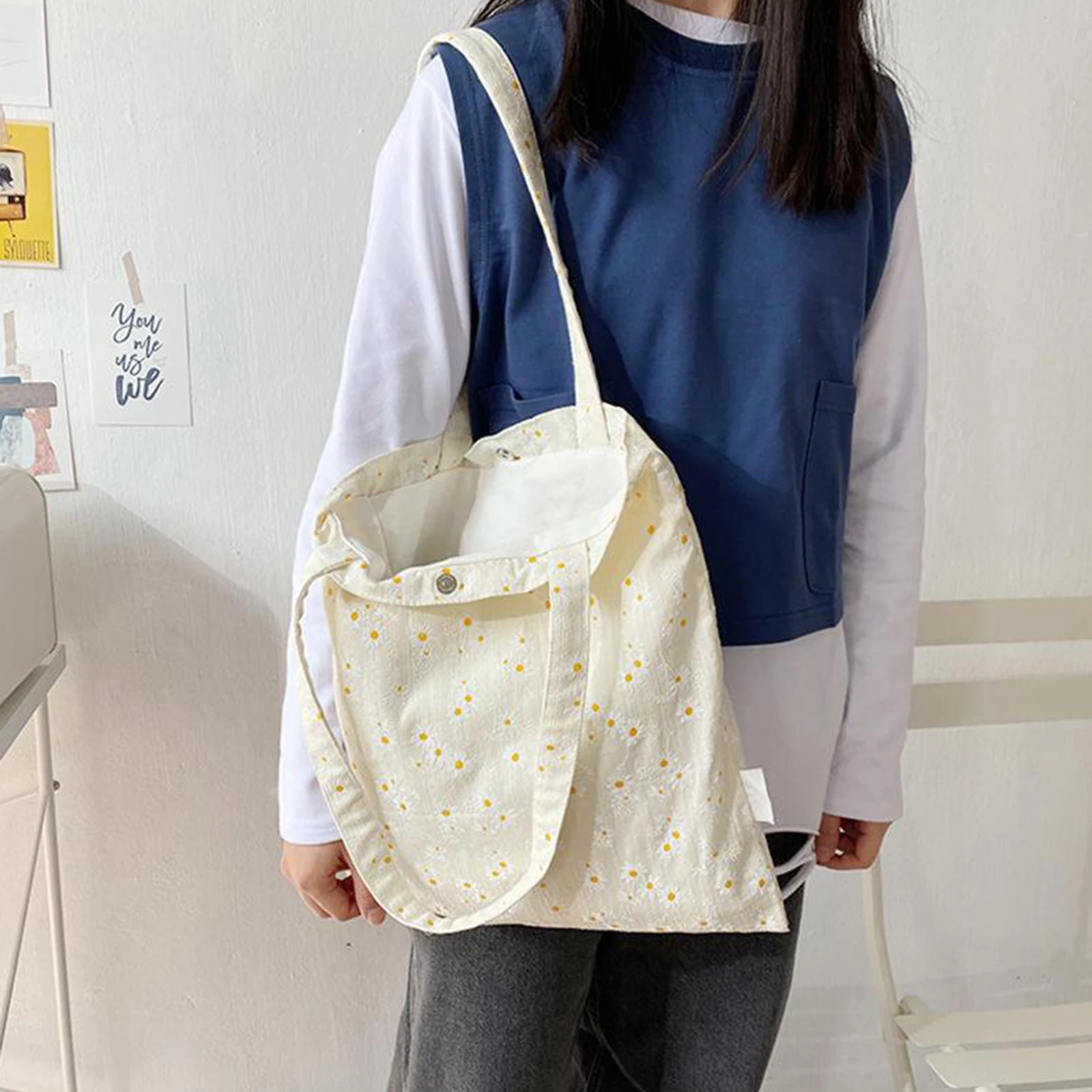 

Shopping Shoulder Tote Shopper Bags Cotton Canvas Daisy Satchel Bag Style 1