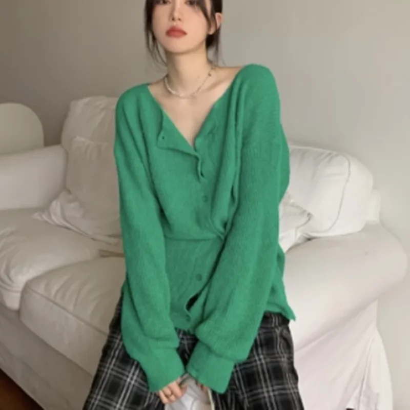 Зеленый вязаный кардиган 2021 Женский Осенний мягкий ветрозащитный Топ с длинным