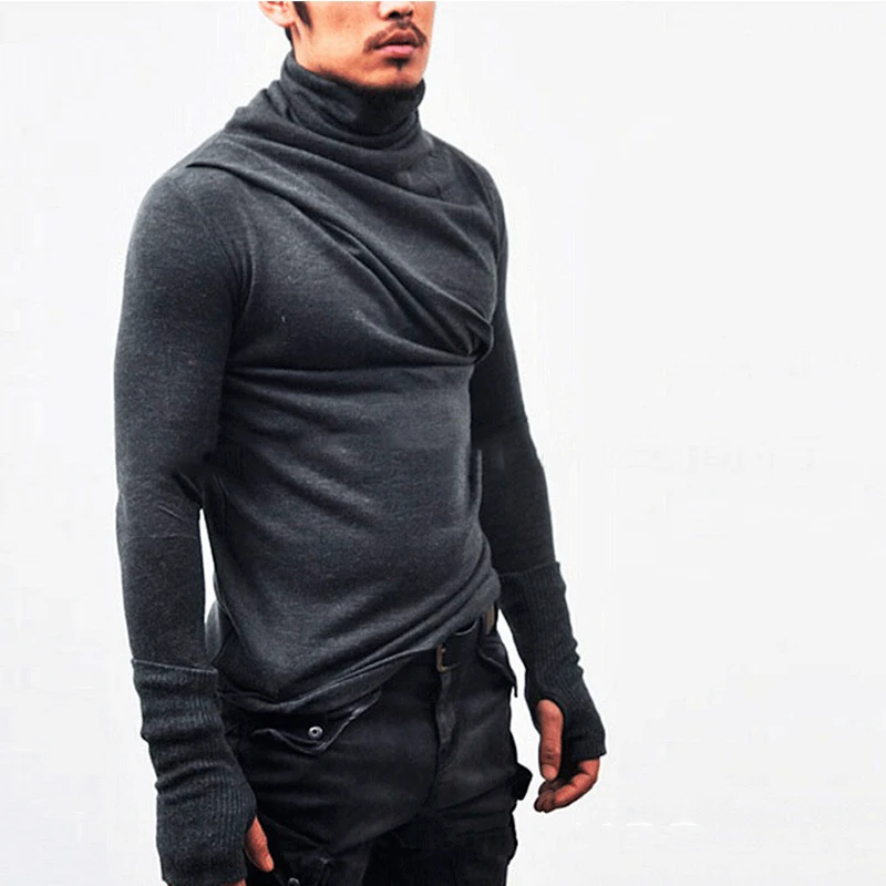 Autumn and winter bottoming shirt personality Turtleneck collar men's long sleeves with gloves T-shirt high slim | Мужская одежда
