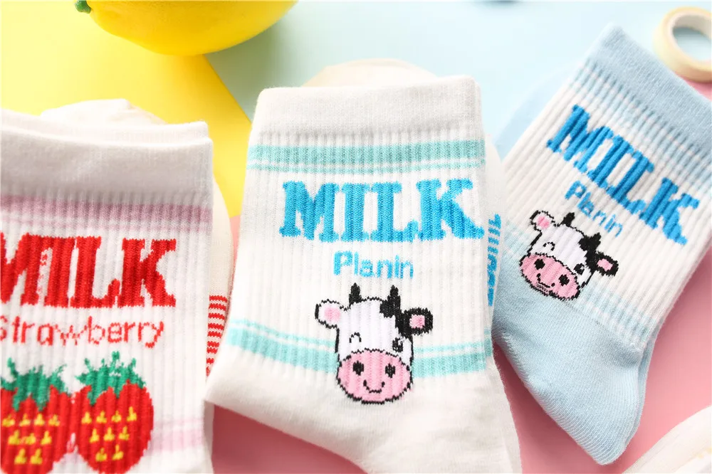 

10 pairs New Kawaii Pink Women Socks Cows Strawberries Banana Cute Letter Socks Harajuku Cotton Socks Casual Funny Socks Female