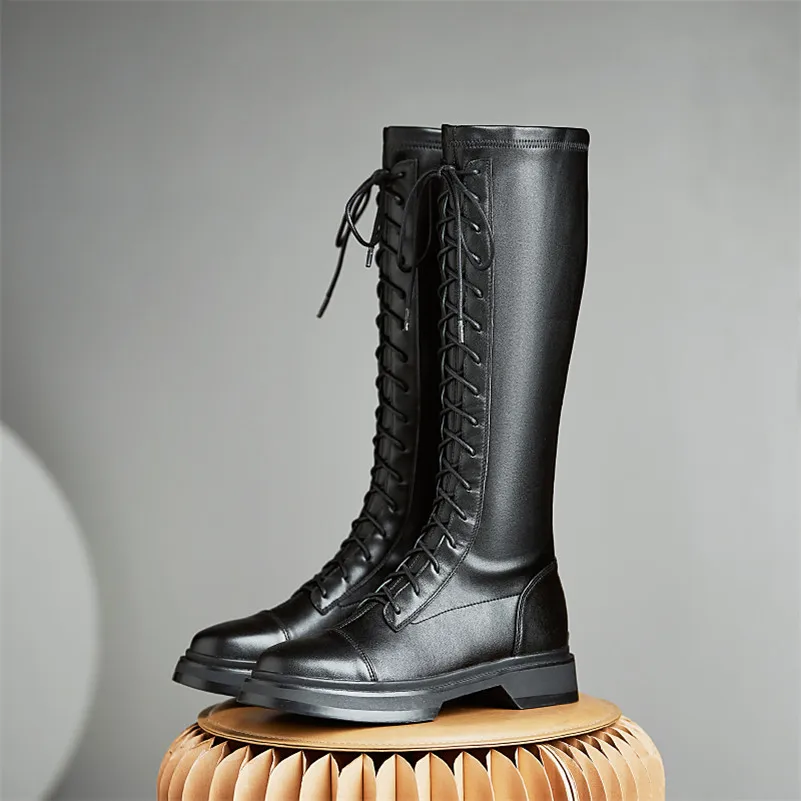 

Meotina Genuine Leather Med Heel Knee High Boots Woman Boots Zip Platform Block Heel Long Boots Lace Up Female Shoes Beige Black