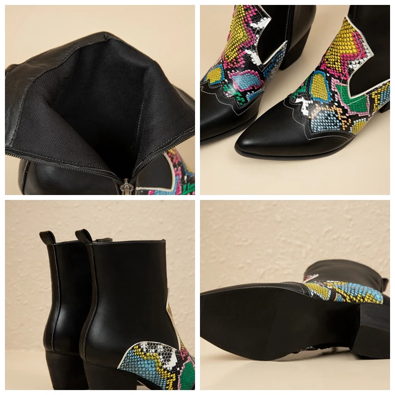 

SIMLOVEYO Women Ankle Boots Pointed Toe Square Heels 5.5cm Patchwork Snake-Skin Breathable Zip Colorful Big Size 34-48 B2154