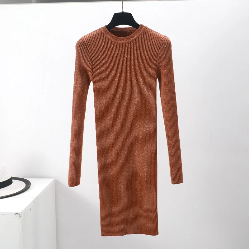 o-neck orange Ezsskj, высокоэластичное осенне-зимнее платье-свитер, женское, теплое, женское, водолазка, трикотажное, облегающее, элегантное, блестящее, Клубное платье OL - Цвет: o-neck orange