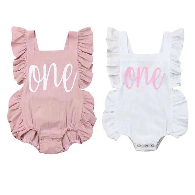 

Baby Summer Clothing Newborn Infant Baby Girls Boys Romper Ruffles Sleeveless ONE Letter Print Outfit Jumpsuit Playsuit