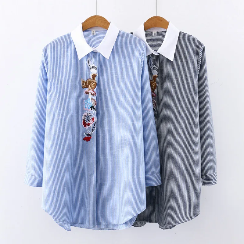 Весенняя женская полосатая блузка с вышивкой рубашка 2020 Повседневная белая