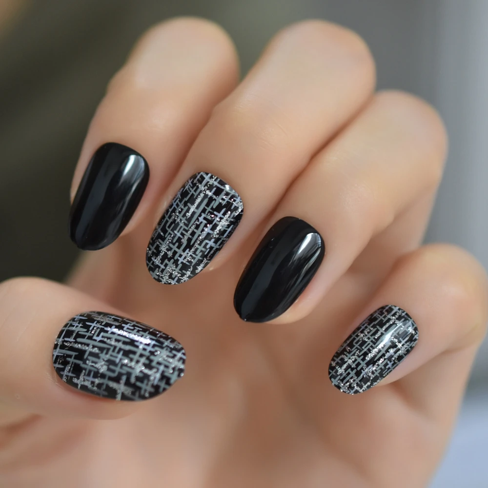 Модный серебряный крест дождь поддельные ногти советы черный полное покрытие