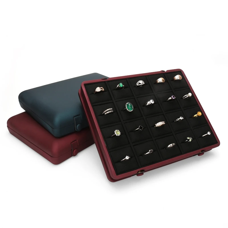 Flat Red Pu Leather Concealed Button Pendant Earring Storage Tray For Counter Window Display Built-in 12 Cells Velvet Card Slot
