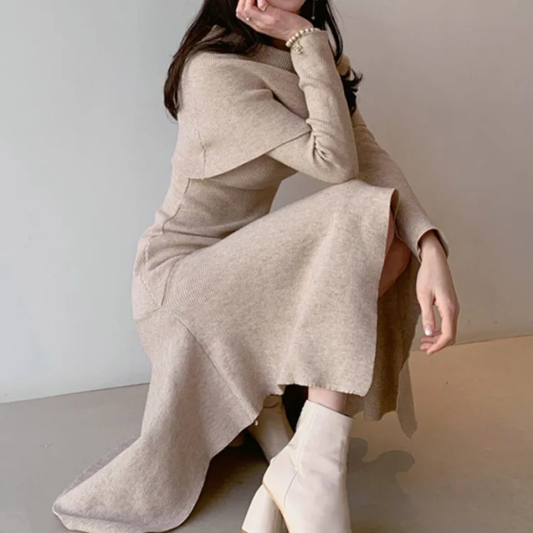 

New 2021 temperament falbala collar cultivate one's morality knitting render a word skirt sweater dress
