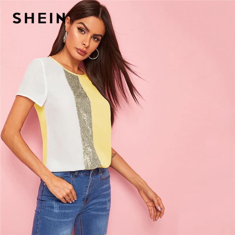 SHEIN модный топ с блестками и контрастной вставкой, Женские топы и блузки,, повседневные летние блузки с коротким рукавом и цветными блоками
