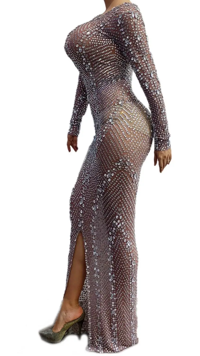 Silver Rhinestones Transparent Mesh Long Dress Women's Birthday Celebrate Prom Stage Singer Dancer Dresses | Тематическая