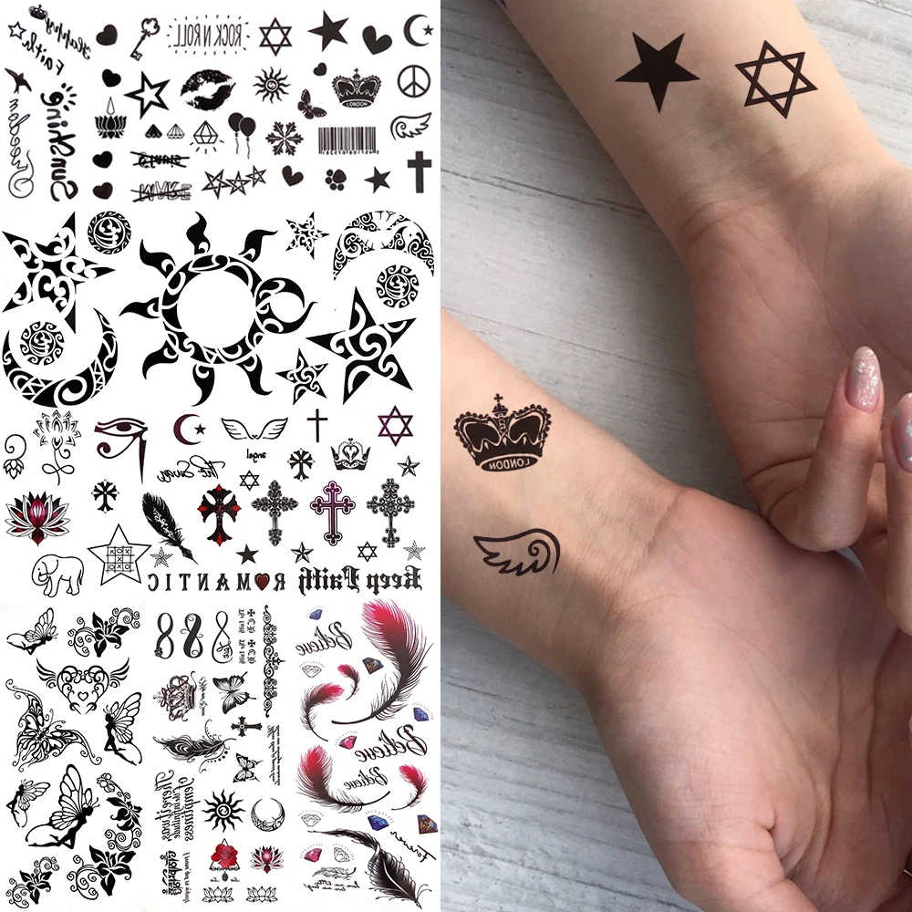 Small Star Crown Temporary Tattoos For Women Kids Fake Face Tattoo Men Black Sun Moon Sticker Fake Finger Tatoos Infinity  images - 1