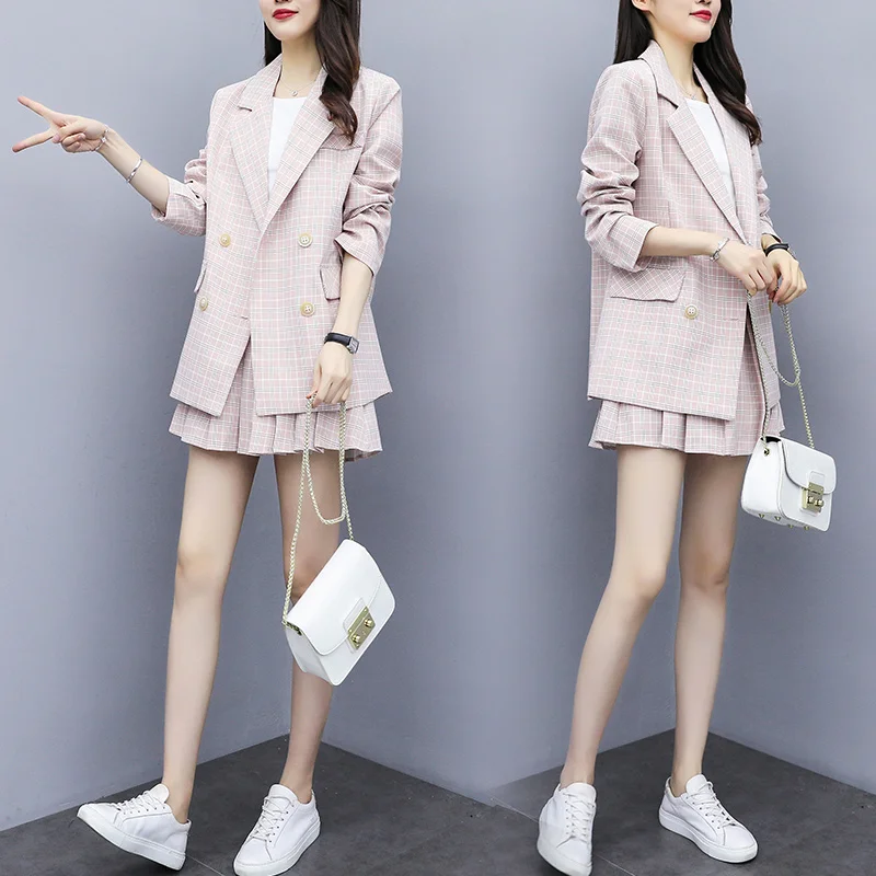 

Pink Plaid Skirt Suit 2019 Spring And Autumn Grid Blazer Jacket Coat Pleated Skirt Two Piece Clothing Set Suit Women Couture