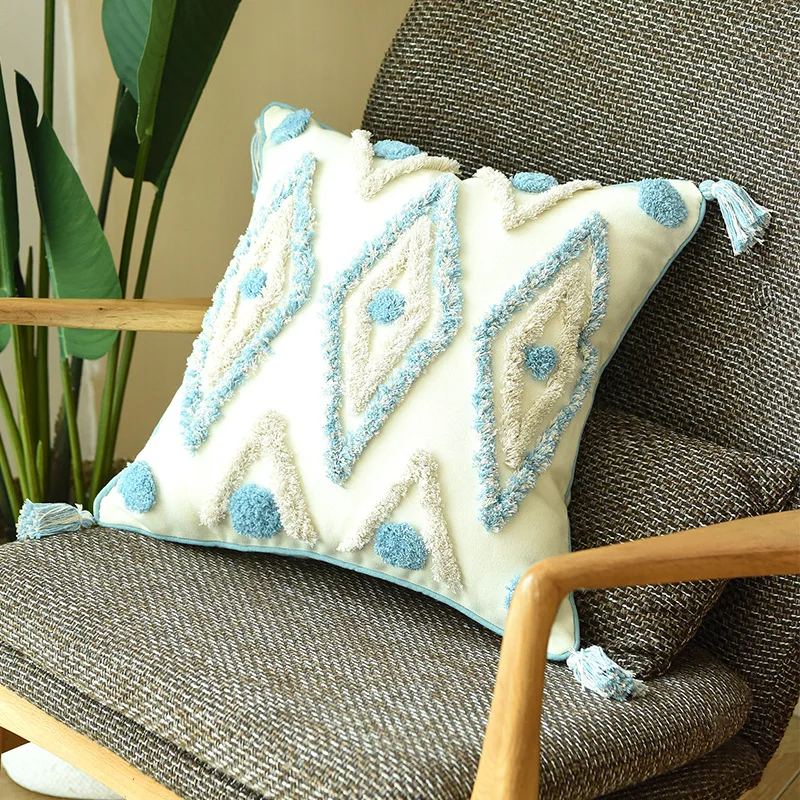 В богемном стиле Стиль подушка крышка белого и голубого цвета наволочка с