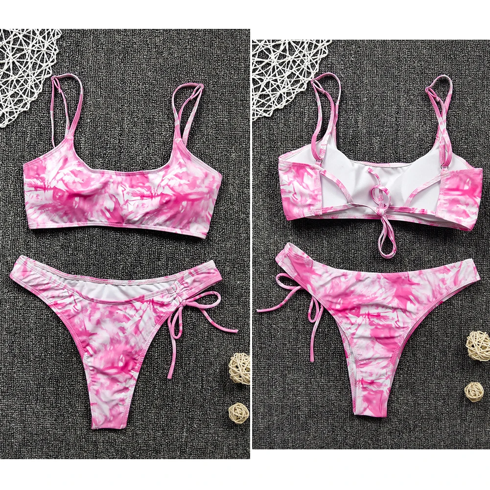 

2020 Fashion Women Bandage Push-Up Padded Swimsuit Beachwear Sling Bathing Suit Brand New Tie Dye Print Bikini Set Swimwear