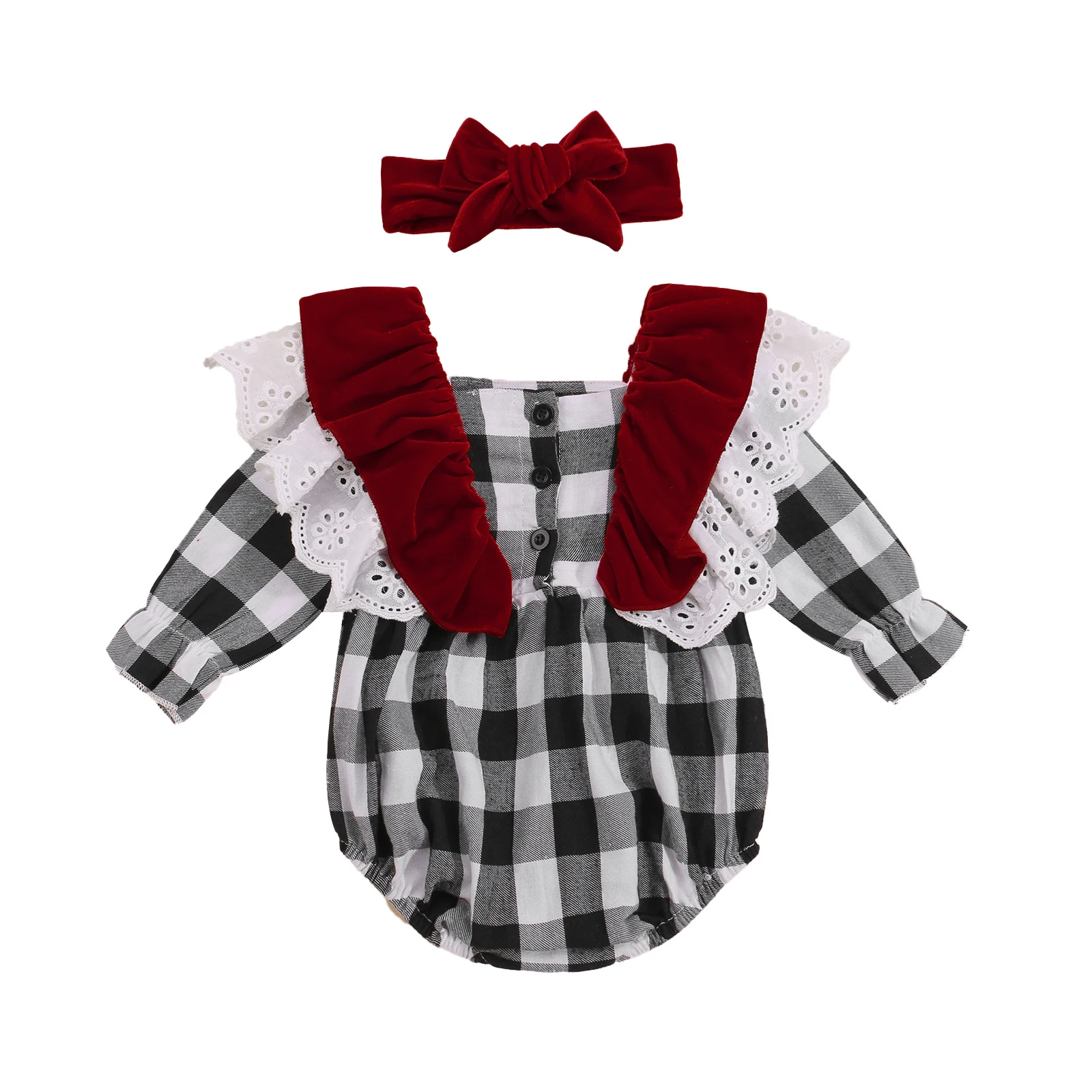 

Autumn Lovely Infant Baby Girls Boys Romper Headband Plaid Printed Lace Velvet Ruffles Long Sleeve Jumpsuits Clothes