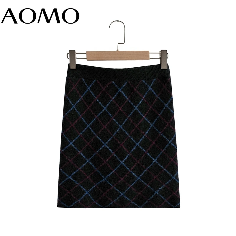 

AOMO Chic Plaid Pattern Knit Suit Women Skirt Set 2021 Fashion New Suit 2 Piece Set Sweater and Skirt 8Y85A