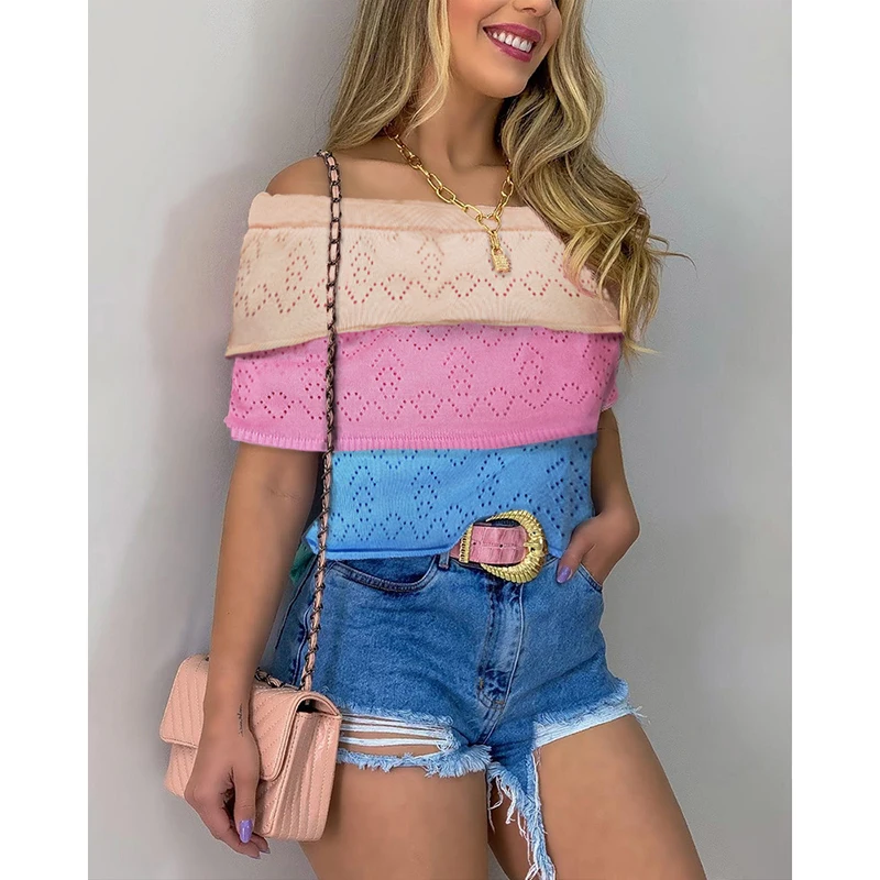 

Slash Neck Knit Women Top Short Sleeve Sexy 2021 Summer Patchwork Casual Slim Harajuku Fashion Pullover Ladies Tshrts SJ8410V