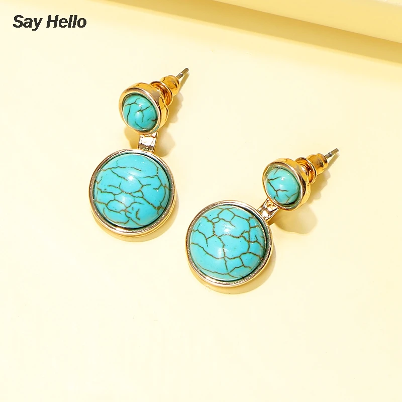 SAY HELLO Boho Green Turquoises Round Stud Earrings for Women Female Metal Stone Geometric Dangle Drop Brinco E40210 | Украшения и
