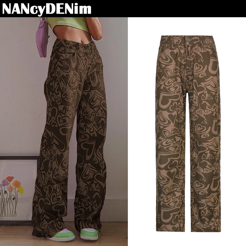 

Jeans Woman High Waist Fashion Streetwear Heart-Shaped Printing Straight Jeans Y2K egirls Cowboy Denim Trousers Pants Mom Jeans