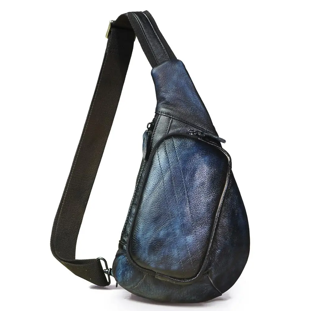 

Luxury Genuine Leather Men Fashion Blue Travel Triangle Sling Chest Bag Design 8" Tablet One Shoulder Bag Day-pack Male 8810