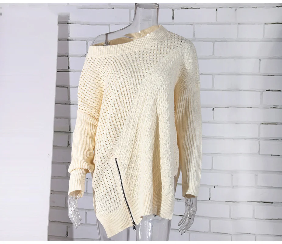 Sexy Woman Sweater Autumn and Winter Side Split Zipper Oversized Ribbed Fluffy Knitted Off Shoulder Warm Women | Женская одежда