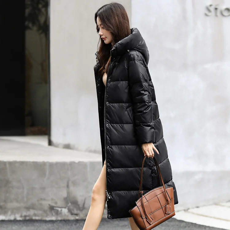 

Зима 2021, новинка, Корейская версия пуховика с капюшоном, Женская приталенная плотная облегающая куртка средней длины выше колена