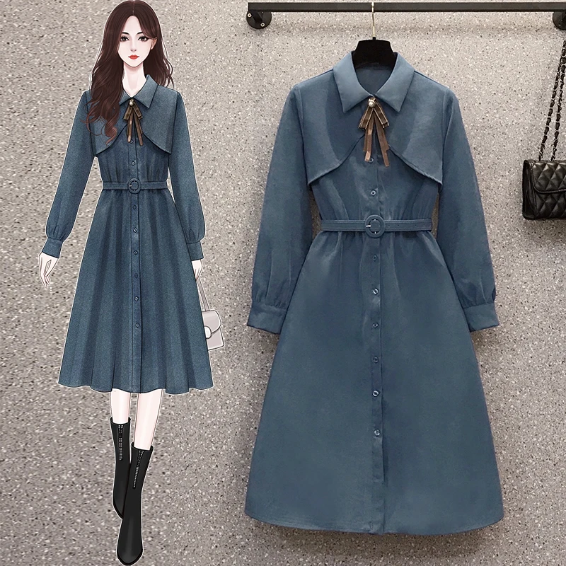 

4XL Plus Size Women Elegant Midi Dresses Spring 2021 Bow Turn-down Collar Long Sleeve Single-breasted Loose Casual Korean Dress