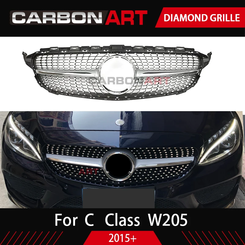 Алмазная решетка C класса W205 для Mercedes ABS черная без/с отверстием камеры C63 look C-class