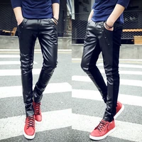 fashion leather pants mens spring and autumn man slim fit skinny trendy tight male riding pu leather motorcycle pants black