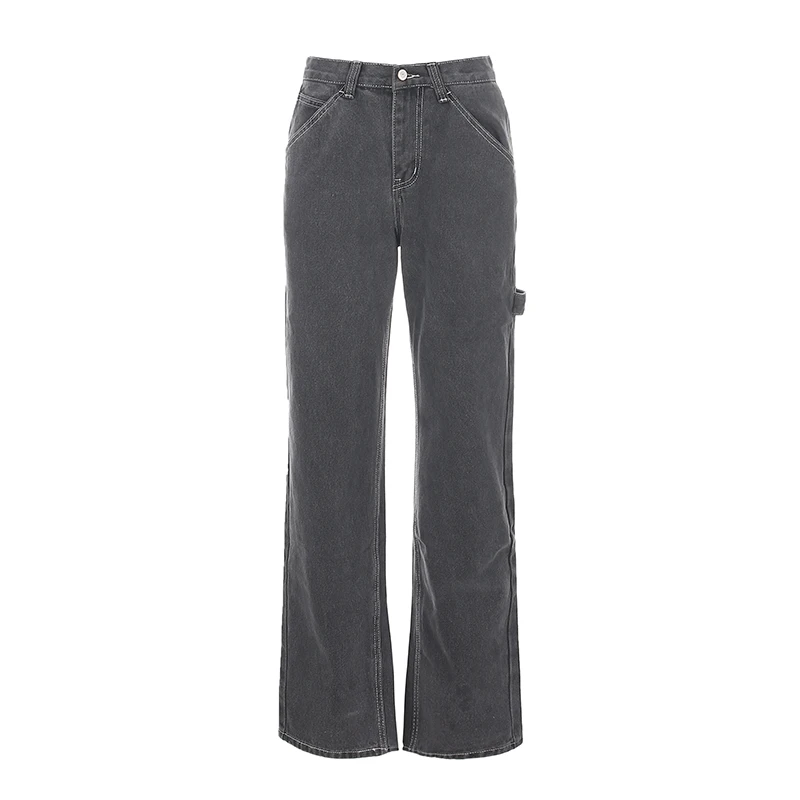 

High Waist High Street Pants Loose Large Pocket Full Length Jeans Wide-leg Straigh Gray Women's Jeans Women Distressed Jeans