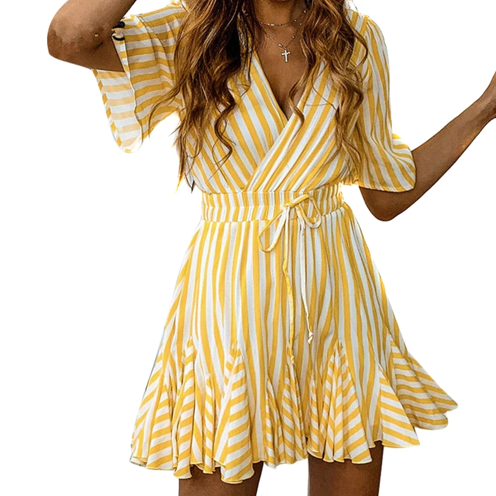 

Pop Women Summer Striped Dress Deep V Neck Short Sleeves Irregular Hem Casual Dress Pop 88