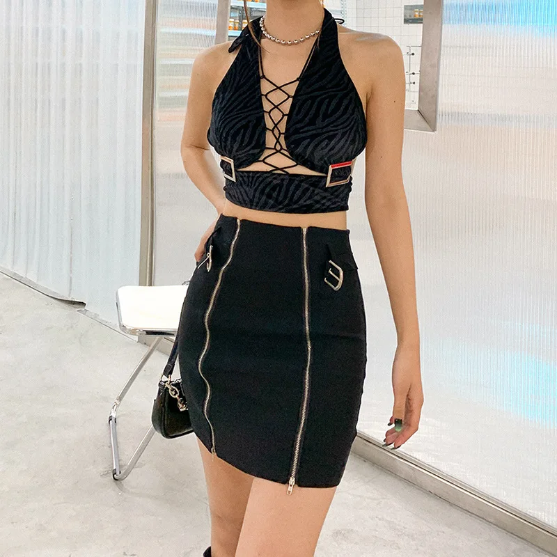 

women's Tank Tops pure color Autumn and winter solid color neck hanging sexy hollow strap open navel bottomed vest