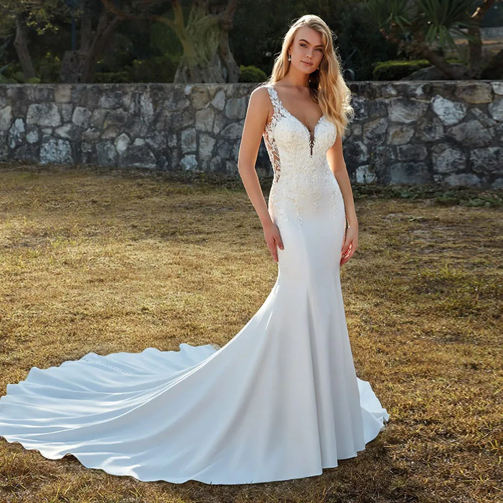 

Charming V-neck Backless Soft Satin Of Mermaid Floor-Length Wedding Dresses With Thin Straps