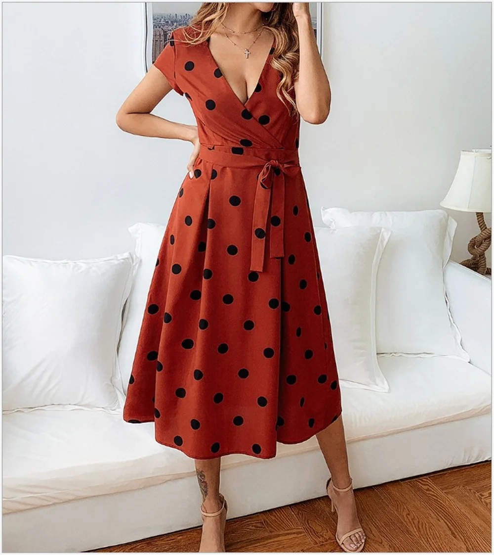 

2021 V-neck Short-sleeved Printed Rabbit Fur Midi Skirt Lace-up Dress Loose Large Size Slimming Temperament Dress