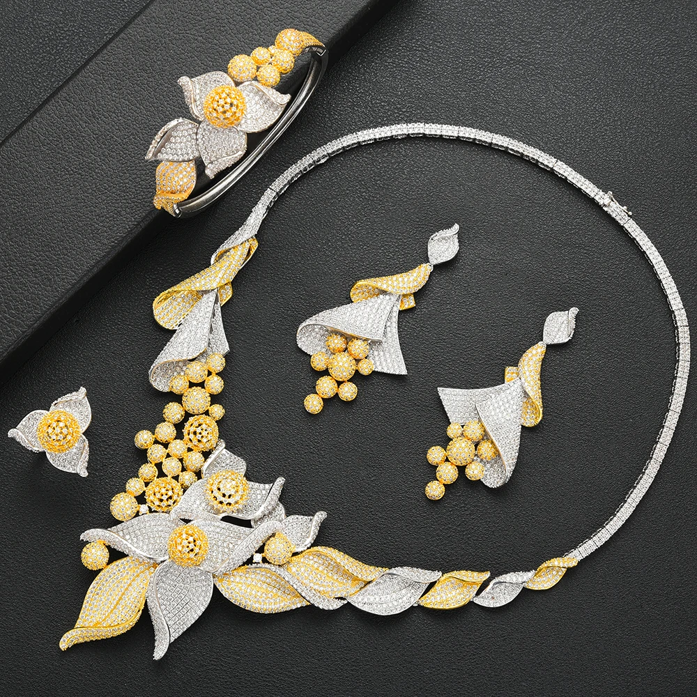 Missvikki Роскошные цветы лист полный кубический циркон 4 шт. большое ожерелье серьги