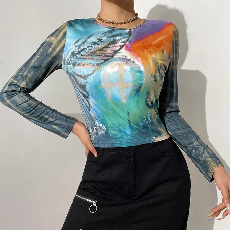 

ZOVSV Printed Y2K 2000s Aesthetic Long Sleeve Graphic T Shirts Casual Basic Skinny Harajuku Crop Top T-shirt Women Autumn