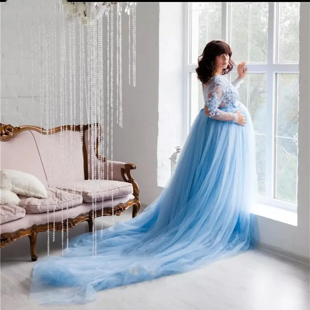 Женское вечернее платье до пола голубое Тюлевое с длинным рукавом и кружевной