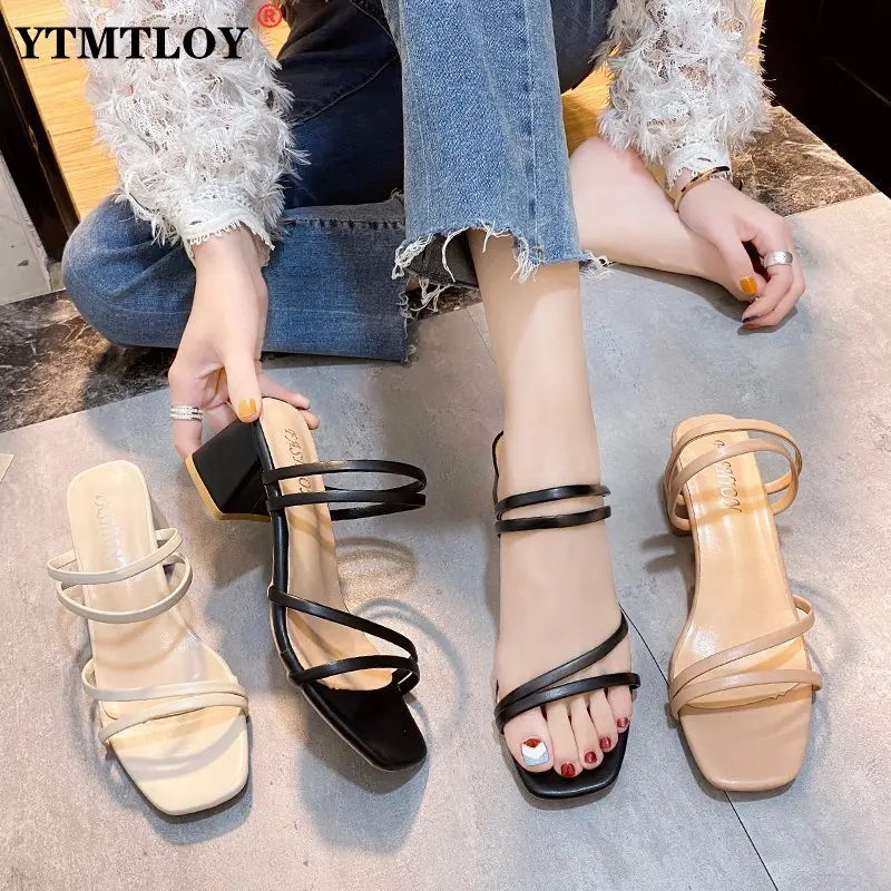 

Summer Women's Sandals Women Slippers Strap Shoes Female 5.5cm Square Heels Women Shoes Narrow Band Concise Sandalias